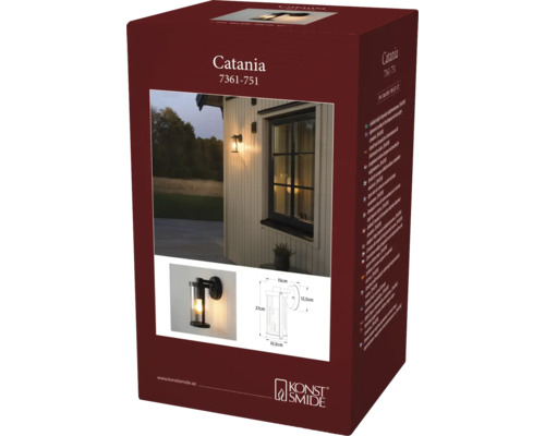 Productverpakking van de Konstsmide buitenwandlamp Catania met sfeerbeeld, detailfoto en maatschets van de 27 centimeter hoge lamp.