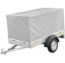 Auto-aanhangwagen met hoog zeil en frame voor transport.
