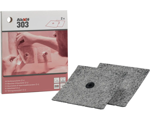 Twee vierkante Akkit 303 afdichtmanchetten voor muurdoorvoeren en pijpleidingen inclusief productverpakking.
