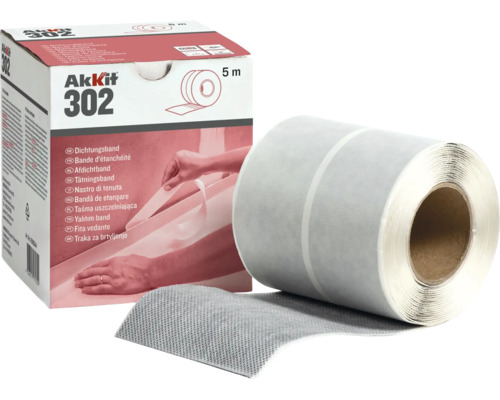 Grijze Akkit 302 afdichtband, rol van 5 meter en verpakking voor het afdichten van voegen en hoeken in vochtige ruimtes.