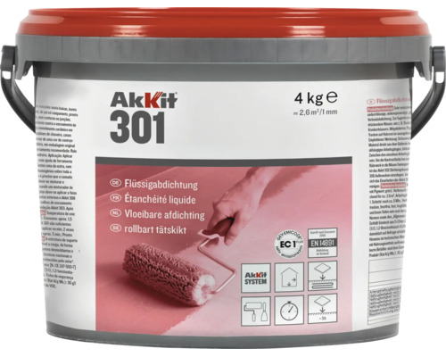 Akkit 301 Vloeibare afdichting 4 kg emmer voor badkamer en douche, zeer emissiearm EC1 Plus gecertificeerd, geschikt voor verwerking met een roller.