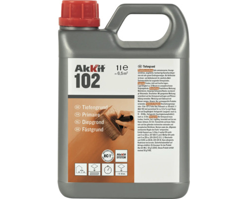 AkKit 102 Diepgrond, flacon van 1 liter, zeer emissiearm, voor wand en vloer, bereik circa 6,5 vierkante meter.