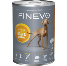 Blik Finevo premium hondenvoer voor actieve honden, wild zwijn en aalbes, 65 procent wild zwijn, graanvrij, zonder soja en kleurstoffen.