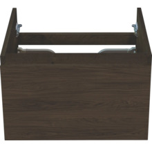 Wastafelonderkast in donker houtdecor met een frontpaneel.