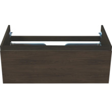 Wastafelonderkast met houtdecor en geïntegreerde ladegeleiders voor de badkamer.