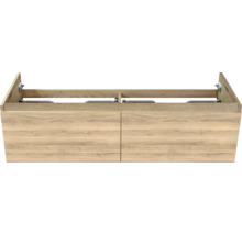 Wandhangende wastafelonderkast in houtlook met twee lades voor dubbele wastafels.
