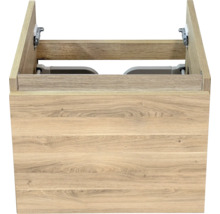 Wastafelonderkast van hout met een lade en metalen geleiders.