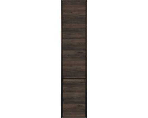 Front voor hoge kast in donker houtdecor met horizontale nerf en greeploos ontwerp.