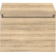 Front voor een wastafelonderkast in eikendecor met geïntegreerde handgreep.