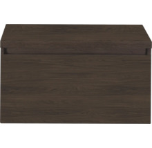 Wastafelonderkast in donker houtlook met horizontale nerf en greeploos design.