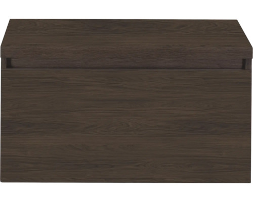 Wastafelonderkast in donker houtlook met horizontale nerf en greeploos design.