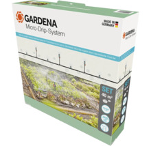 Gardena Micro-Drip-System druppelirrigatieset voor groentebedden en bloembedden tot 40 vierkante meter, geproduceerd in Duitsland. Gardena Logo.