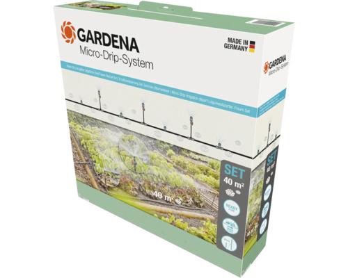 Gardena Micro-Drip-System druppelirrigatieset voor groentebedden en bloembedden tot 40 vierkante meter, geproduceerd in Duitsland. Gardena Logo.