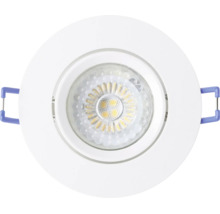 Ronde LED-inbouwspot met wit frame en blauwe montageklemmen.