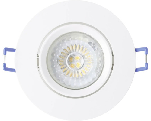 Ronde LED-inbouwspot met wit frame en blauwe montageklemmen.