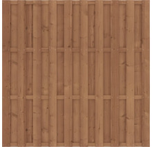 Bruin houten schuttingpaneel met verticale planken en dwarsbalken.