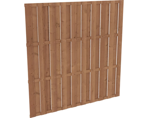 Houten tuinscherm met verticale lamellen in bruin.
