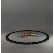 Kersttrein met locomotief, twee wagons en cirkelvormige rails. Locomotief met LED-verlichting en opschrift Express.