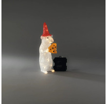 Witte LED-decoratiefiguur muis van acryl met rode muts en gele kaas, op batterijen.