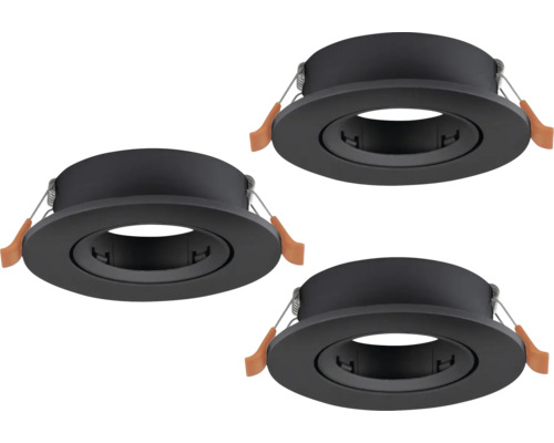 Set van 3 ronde inbouwspots in zwart met bevestigingsklemmen.