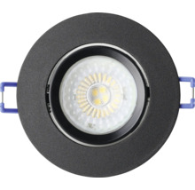 Ronde LED inbouwspot in zwart met zichtbare lichtbron en blauwe montageklemmen.