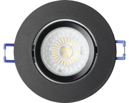 Ronde LED inbouwspot in zwart met zichtbare lichtbron en blauwe montageklemmen.