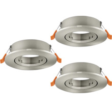 Set van drie ronde metalen inbouwspots met kantelbare ringen en montageklemmen.