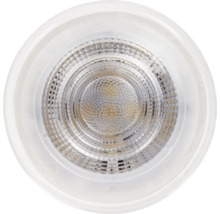 Vooraanzicht van een ronde ledlamp met een gestructureerde reflector en een witte behuizing.