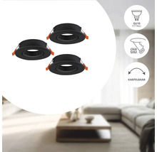 Set van drie zwarte inbouwspots met GU10 fitting, 68 millimeter inbouwdiameter en kantelbare functie.