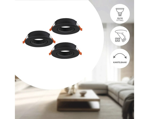 Set van drie zwarte inbouwspots met GU10 fitting, 68 millimeter inbouwdiameter en kantelbare functie.