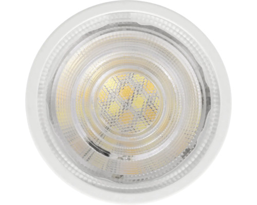 LED-reflectorlamp met gefacetteerde lens en zichtbare ledchips van bovenaf gezien.