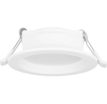 Witte ronde LED inbouwspot van kunststof met zijdelingse bevestigingsveren.