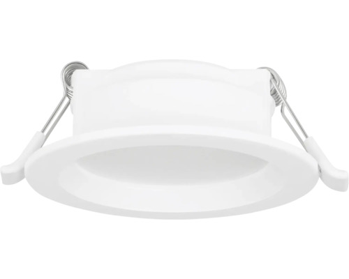 Witte ronde LED inbouwspot van kunststof met zijdelingse bevestigingsveren.