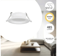 Witte LED inbouwspot, warmwit licht, 485 lumen, inclusief LED lichtbron, voor een inbouwdiameter van 70 tot 80 millimeter.