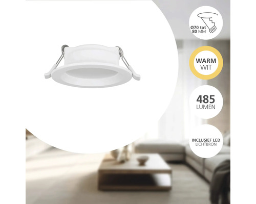 Witte LED inbouwspot, warmwit licht, 485 lumen, inclusief LED lichtbron, voor een inbouwdiameter van 70 tot 80 millimeter.