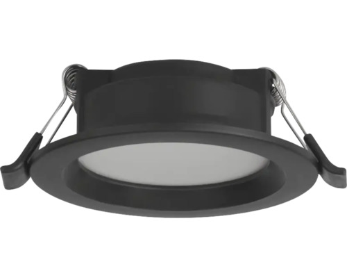 Zwarte LED-inbouwspot met ronde omlijsting en montageveren aan de zijkant voor plafondmontage.