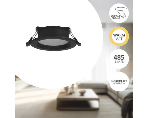 Ronde LED inbouwspot, warm wit, 485 lumen, inclusief lichtbron, inbouwdiameter 70 tot 80 millimeter.