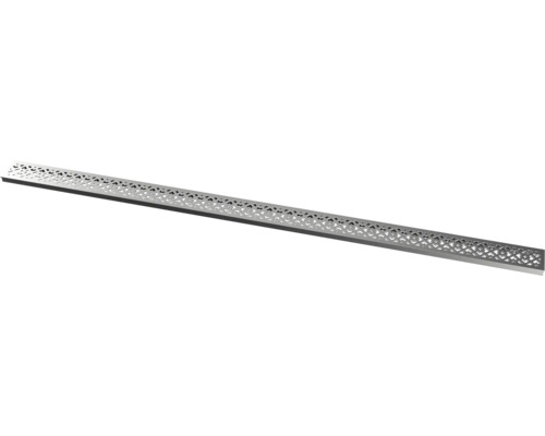 Lineair douchegootrooster van roestvrij staal met geometrisch gatenpatroon.