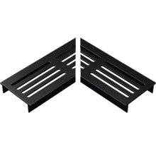 Tweeledig hoekventilatierooster van metaal in zwart met moderne sleufgaten voor haarden of ventilatiesystemen.