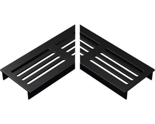 Tweeledig hoekventilatierooster van metaal in zwart met moderne sleufgaten voor haarden of ventilatiesystemen.