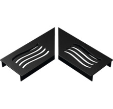 Twee zwarte metalen ventilatieroosters met golfvormige luchtsleuven.