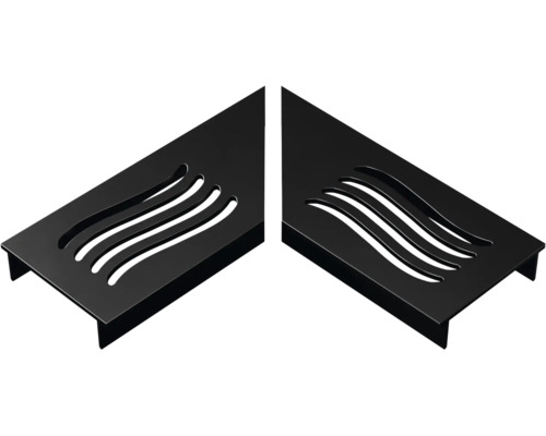 Twee zwarte metalen ventilatieroosters met golfvormige luchtsleuven.