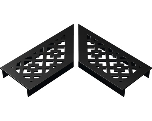 Twee zwarte driehoekige ventilatieroosters van metaal met een geometrisch patroon.