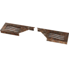 Twee hoekvormige metalen platen met roest-optiek en golfvormige ventilatiesleuven.
