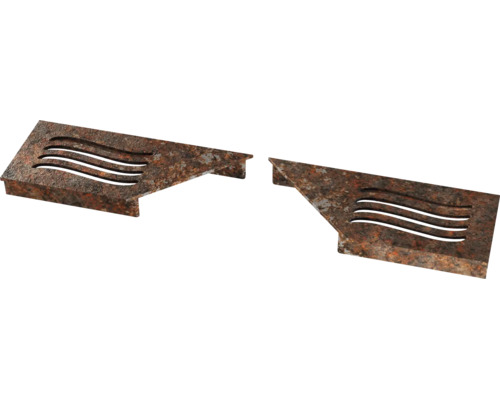 Twee hoekvormige metalen platen met roest-optiek en golfvormige ventilatiesleuven.