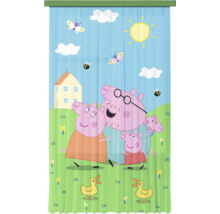 Kindergordijn met Peppa Pig-motief, toont de familie varken in een landschap met huis, zon, wolken, insecten en eenden.