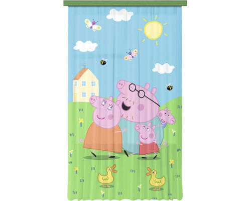 Kindergordijn met Peppa Pig-motief, toont de familie varken in een landschap met huis, zon, wolken, insecten en eenden.