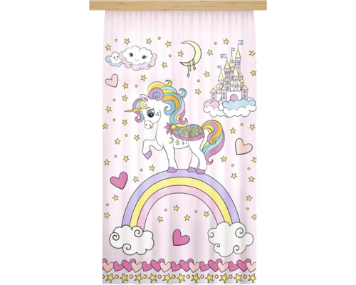 Paneelgordijn voor kinderen met eenhoorn op een regenboog, kasteel in de wolken, sterren en harten in pasteltinten.