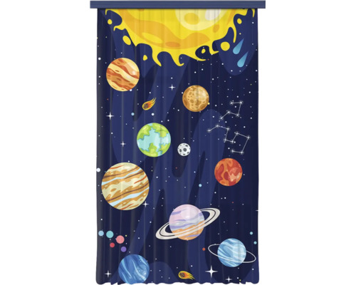 Gordijn met ruimte-thema, planeten, zon en sterren op een donkerblauwe achtergrond voor de kinderkamer.