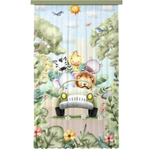 Kindergordijn met safari-motief: een leeuw, zebra, giraffe, nijlpaard en olifant rijden in een auto door de jungle.